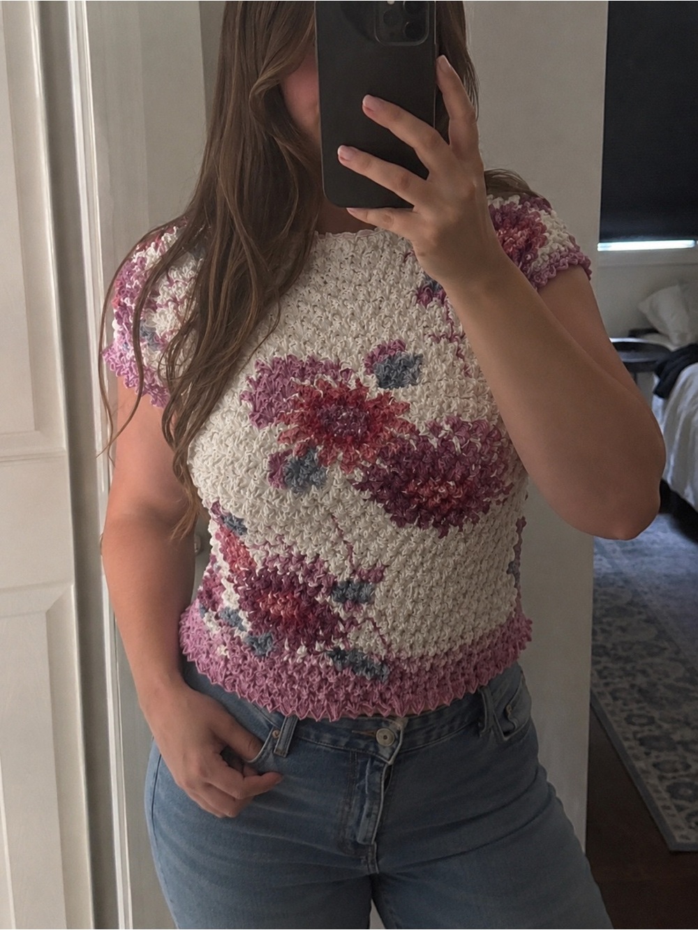 Cropped Floral Knit Short-Sleeve Top - Pink & Cream